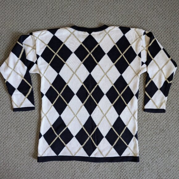 Vintage Argyle Sweater by Anne Klein Knitwear – Black - Cream -Gold, size M - Picture 2 of 5